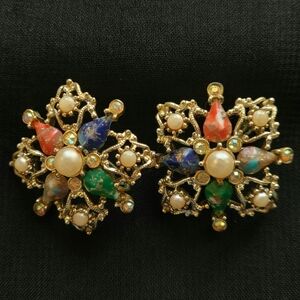 Vintage Sarah Coventry Pearl And Multicolored Accent Earrings